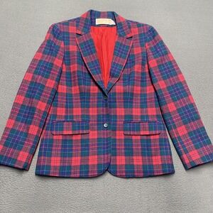 Vintage Pendleton Blazer Womens Medium Red Green Plaid Wool Jacket Made USA 80s‎